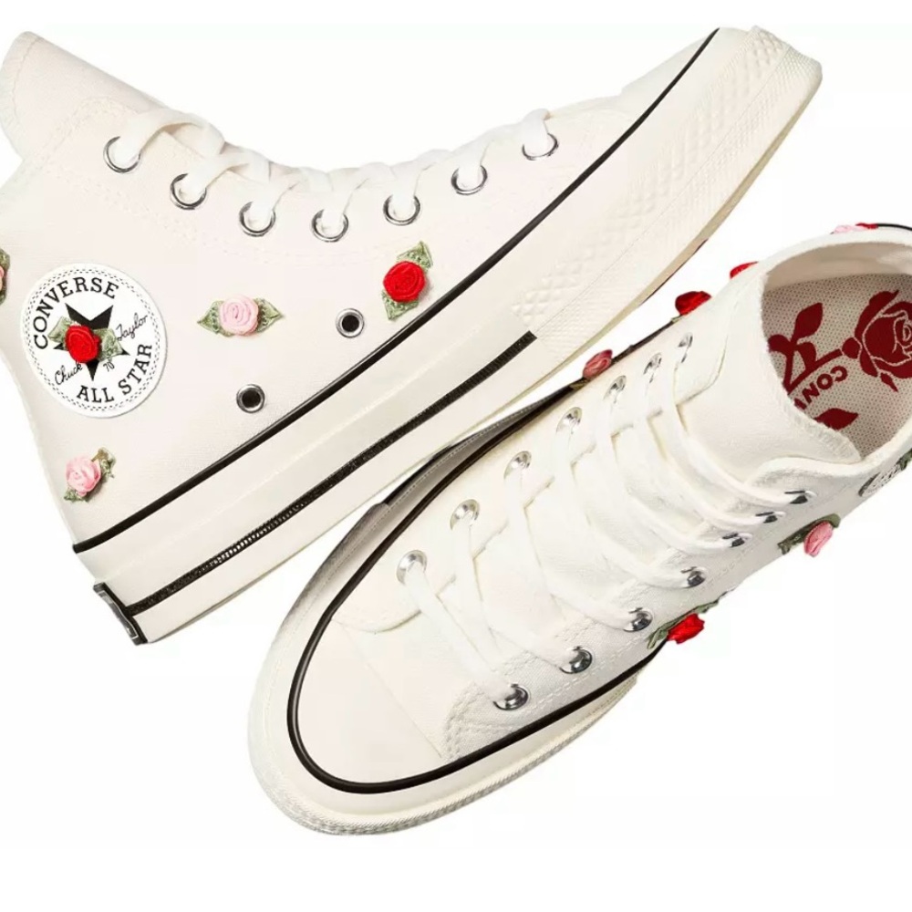 Converse Sneakers with Pink and Red Floral Accents.